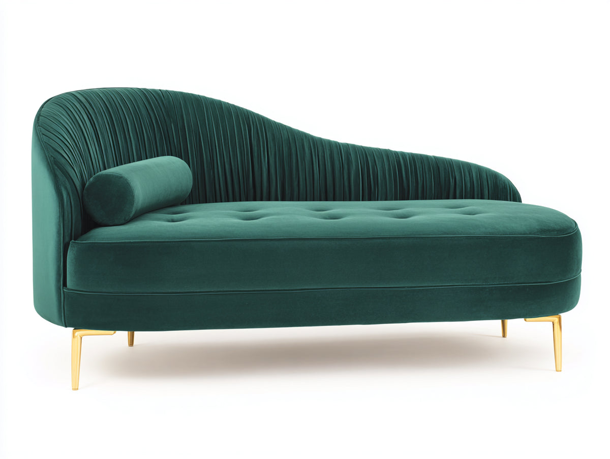 Chaise longue tapizada 180 x 82 x 83 cm - Verde oscuro - Asiento capitoné con respaldo curvo y patas metálicas doradas