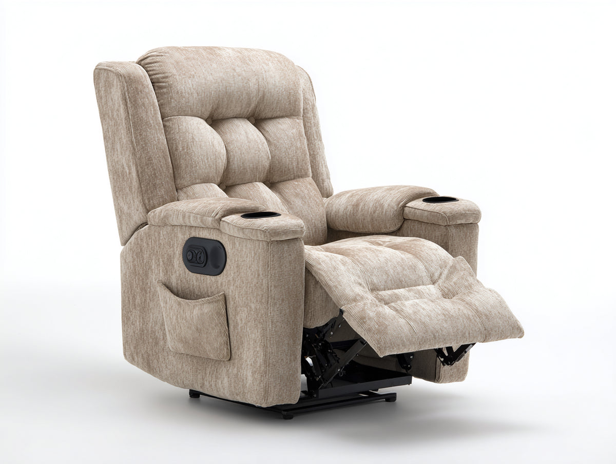 Sillones reclinables tapizados 102x96x108 cm - Beige - Reposapiés extensible con portavasos y bolsillo lateral