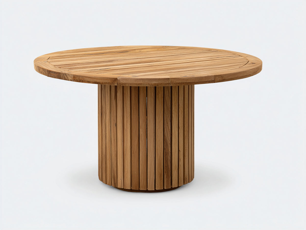 Mesas de jardín de madera 110 x 110 x 75 cm - Natural - Mesa redonda con tablero de lamas y pedestal cilíndrico