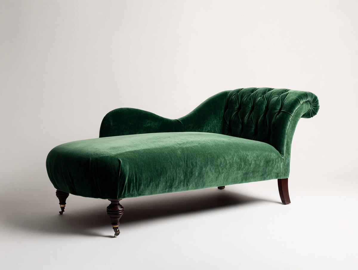 Chaise longue tapizada 180 x 80 x 85 cm - Verde oscuro - Respaldo capitoné curvo y patas torneadas de estilo clásico