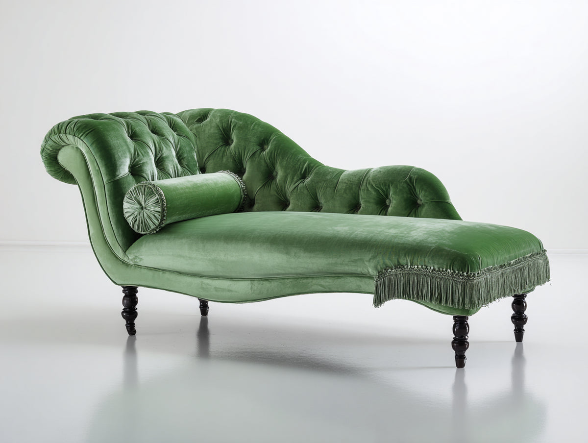 Chaise longue de terciopelo 190x75x90 cm - Verde - Diseño clásico capitoné con flecos