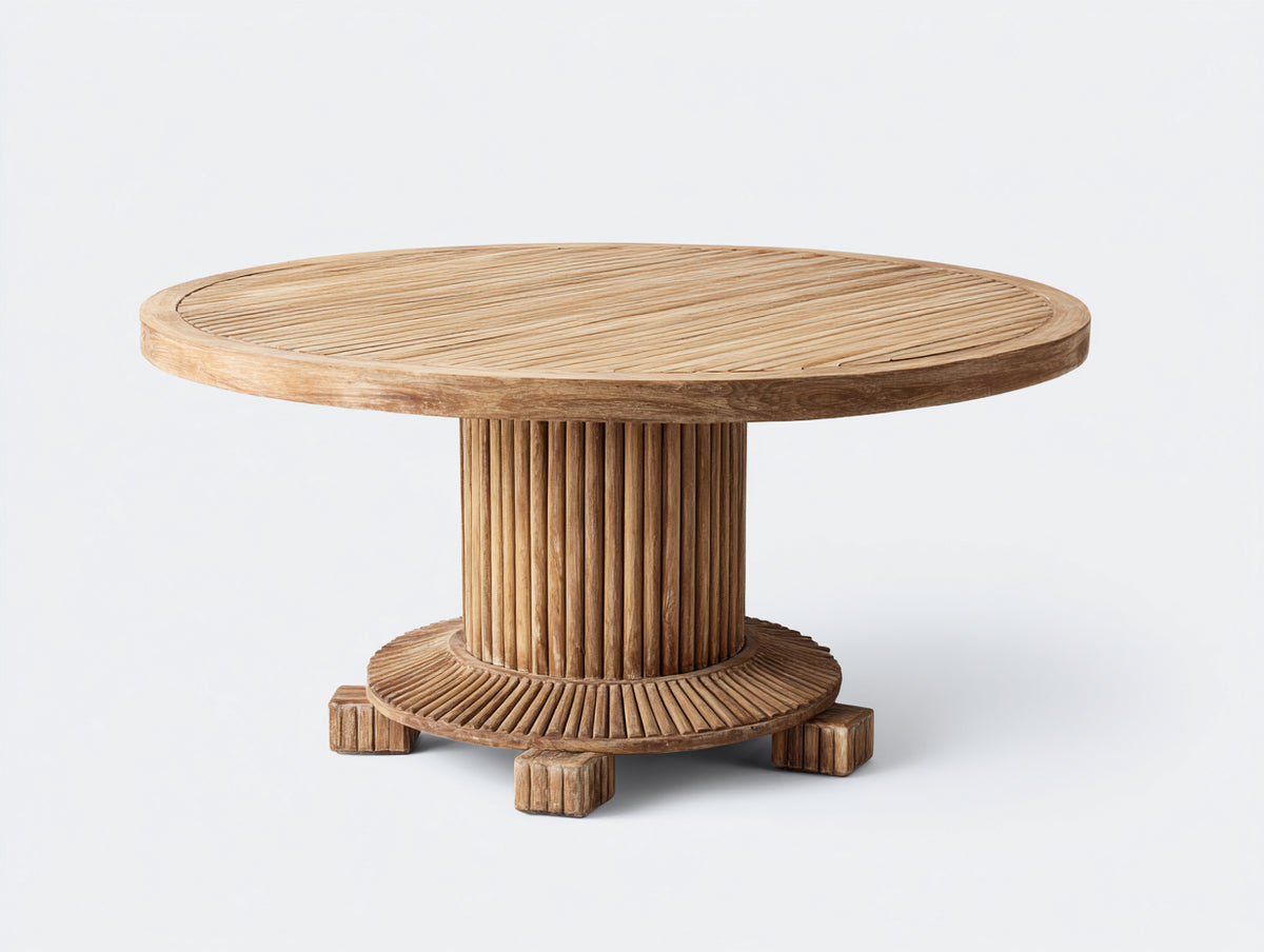 Mesas de jardín de madera 115x115x75 cm - madera natural - diseño redondo con pedestal acanalado