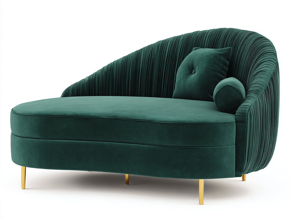 Chaise longue de terciopelo 170x90x85 cm - verde oscuro - respaldo envolvente plisado y patas metálicas