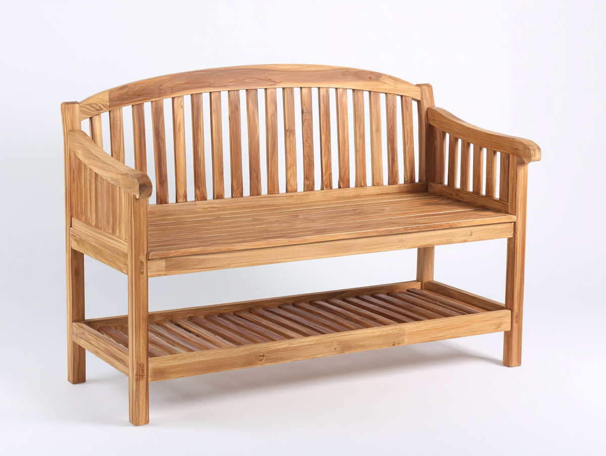 Bancos de jardín de madera 130 x 55 x 90 cm - marrón natural - banco con respaldo curvo y estante inferior