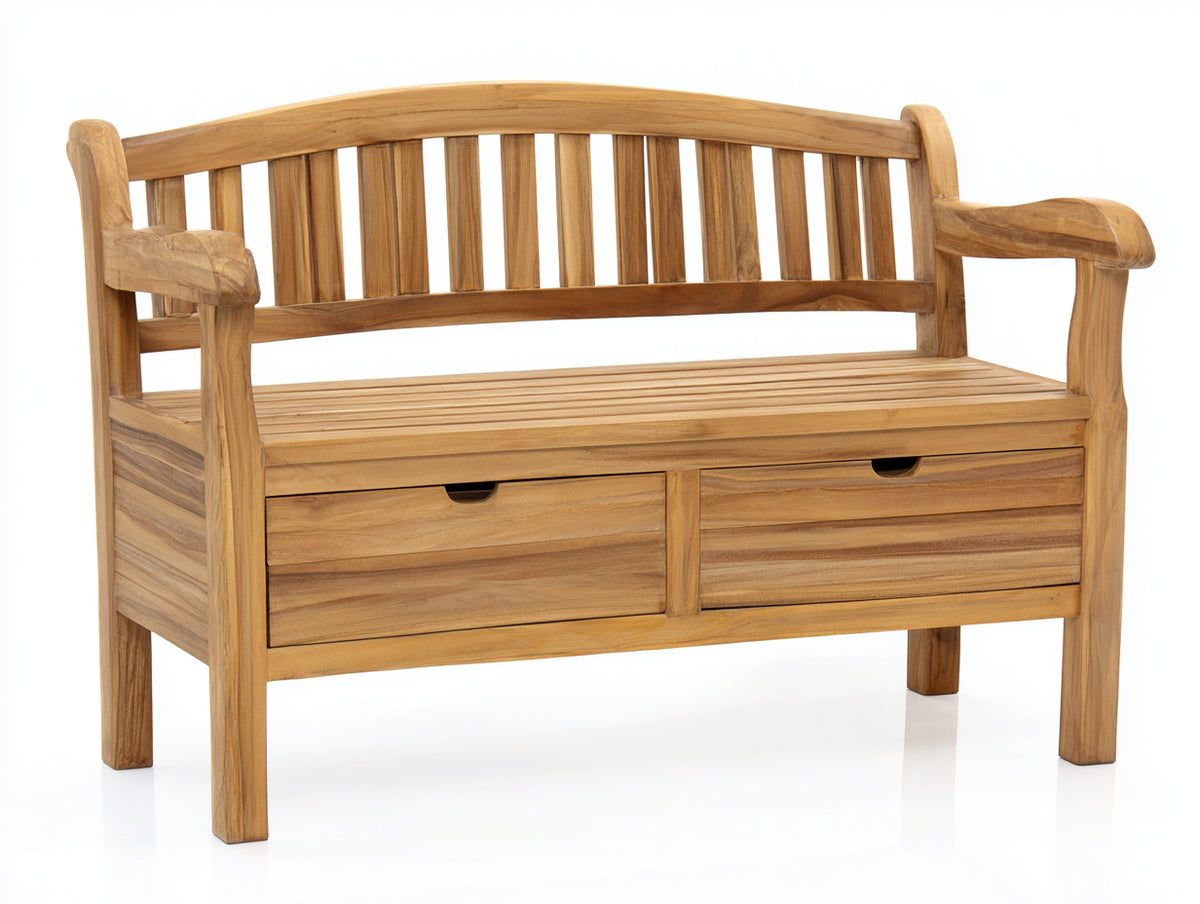 Bancos de jardín de madera 125 x 55 x 90 cm - marrón natural - banco con respaldo curvo y 2 cajones