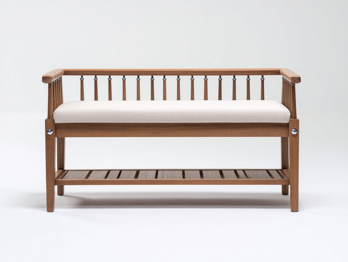 Bancos de jardín de madera y tejido 120 x 50 x 85 cm - marrón y blanco crema - banco con respaldo y estante inferior