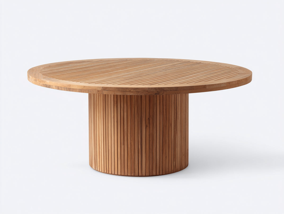 Mesas de jardín de madera 180x180x75 cm - natural - mesa redonda con base cilíndrica estriada