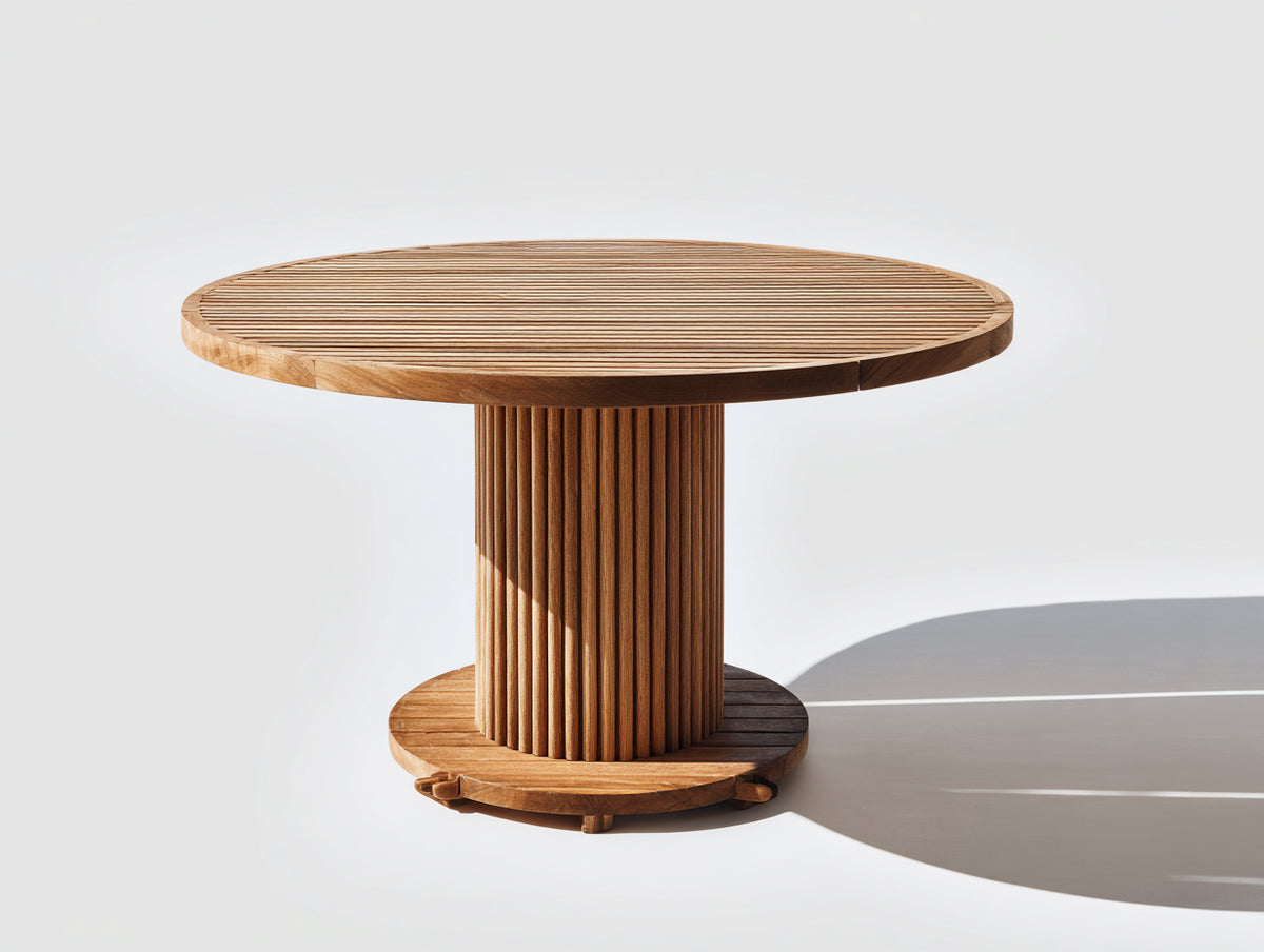 Mesas de jardín de madera 110x110x75 cm - marrón - diseño redondo con pedestal acanalado