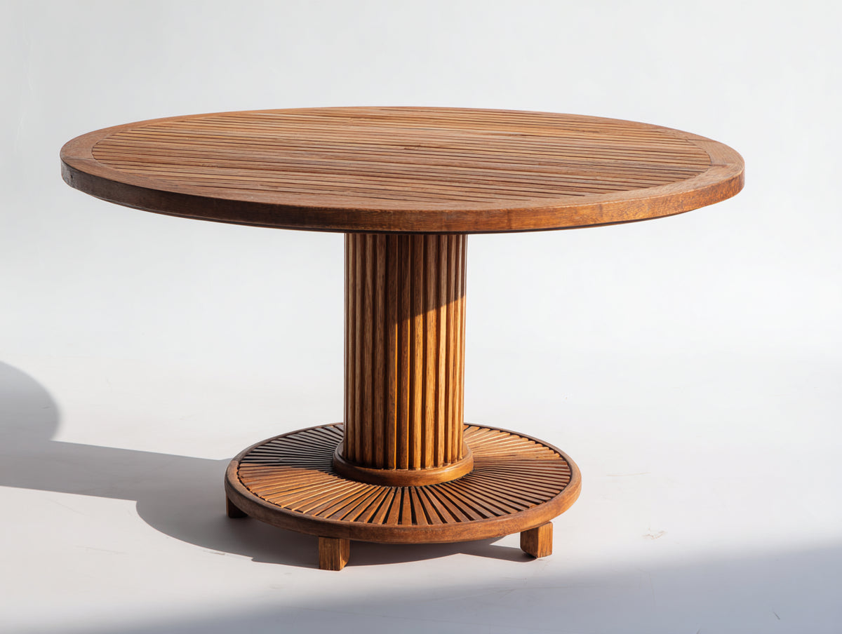 Mesas de jardín de madera 120x120x75 cm - Madera natural - Diseño redondo con pedestal central