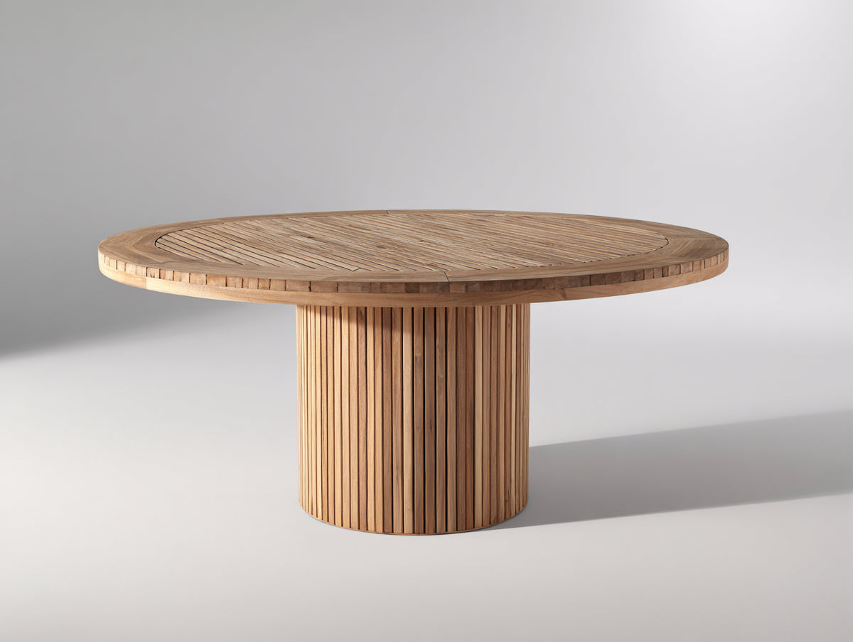 Mesas de jardín de madera 120 x 120 x 75 cm - Natural - Mesa redonda con tablero de lamas y pedestal cilíndrico acanalado