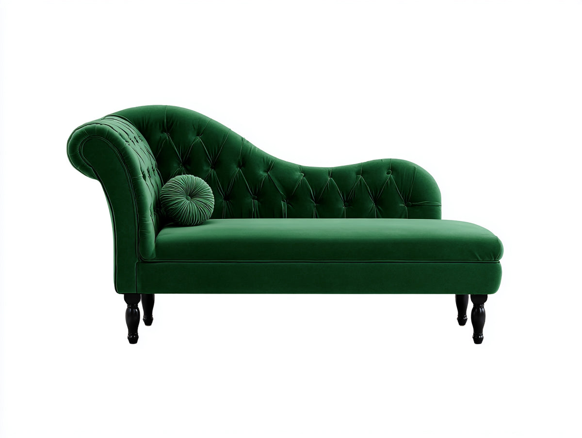Chaise longue de terciopelo 185x75x88 cm - Verde oscuro - Diseño clásico capitoné con patas torneadas