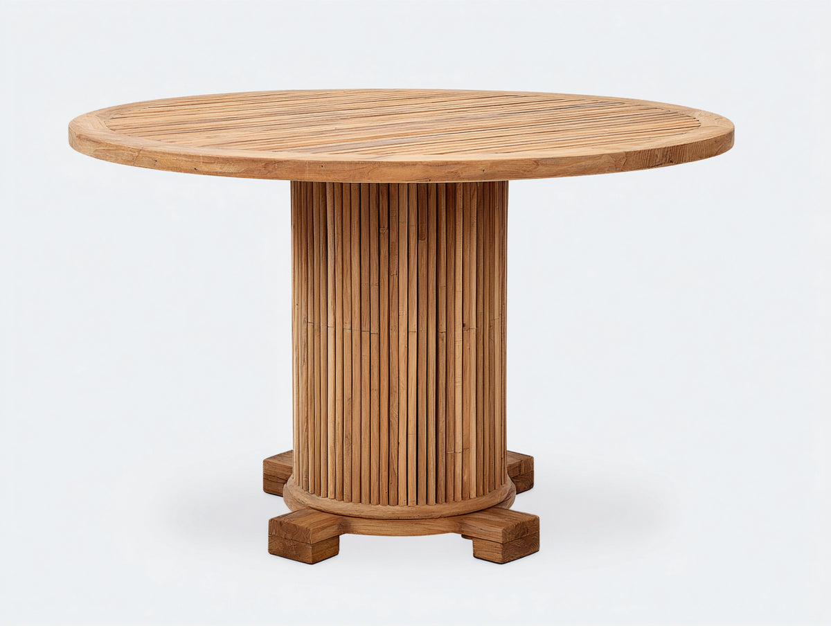 Mesas de jardín de madera 105 x 105 x 75 cm - Natural - Mesa redonda con pedestal central acanalado y diseño contemporáneo