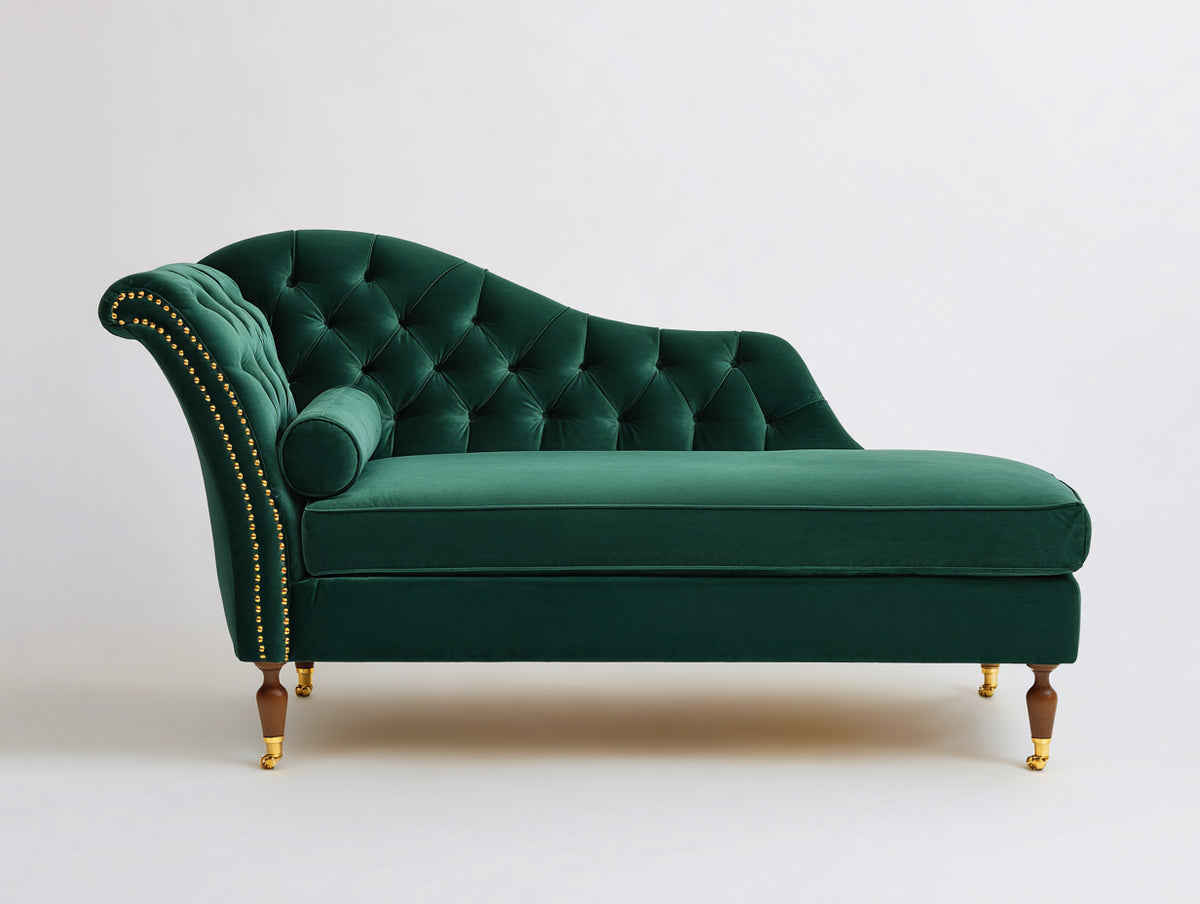 Chaise longue de terciopelo 175 x 78 x 88 cm - verde oscuro - asiento acolchado con respaldo capitoné y detalles metálicos