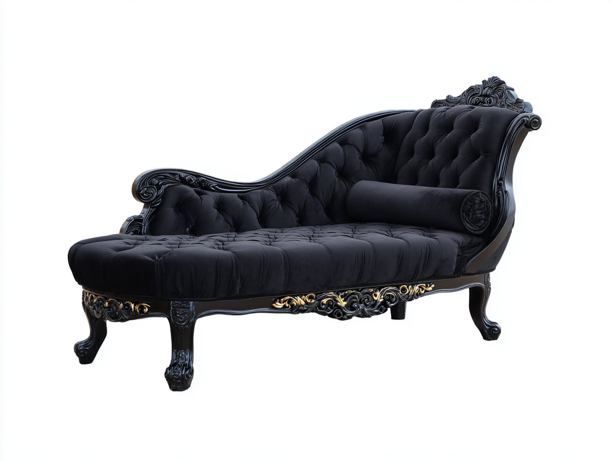 Chaise longue de terciopelo 190x85x95 cm - negro-oro - capitoné profundo y estructura tallada clásica